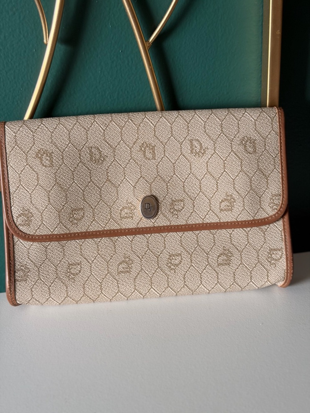 Vintage Dior Honeycomb Beige Monogram Clutch with chain